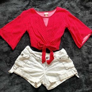 Red polka dot tie top & white cargo shorts